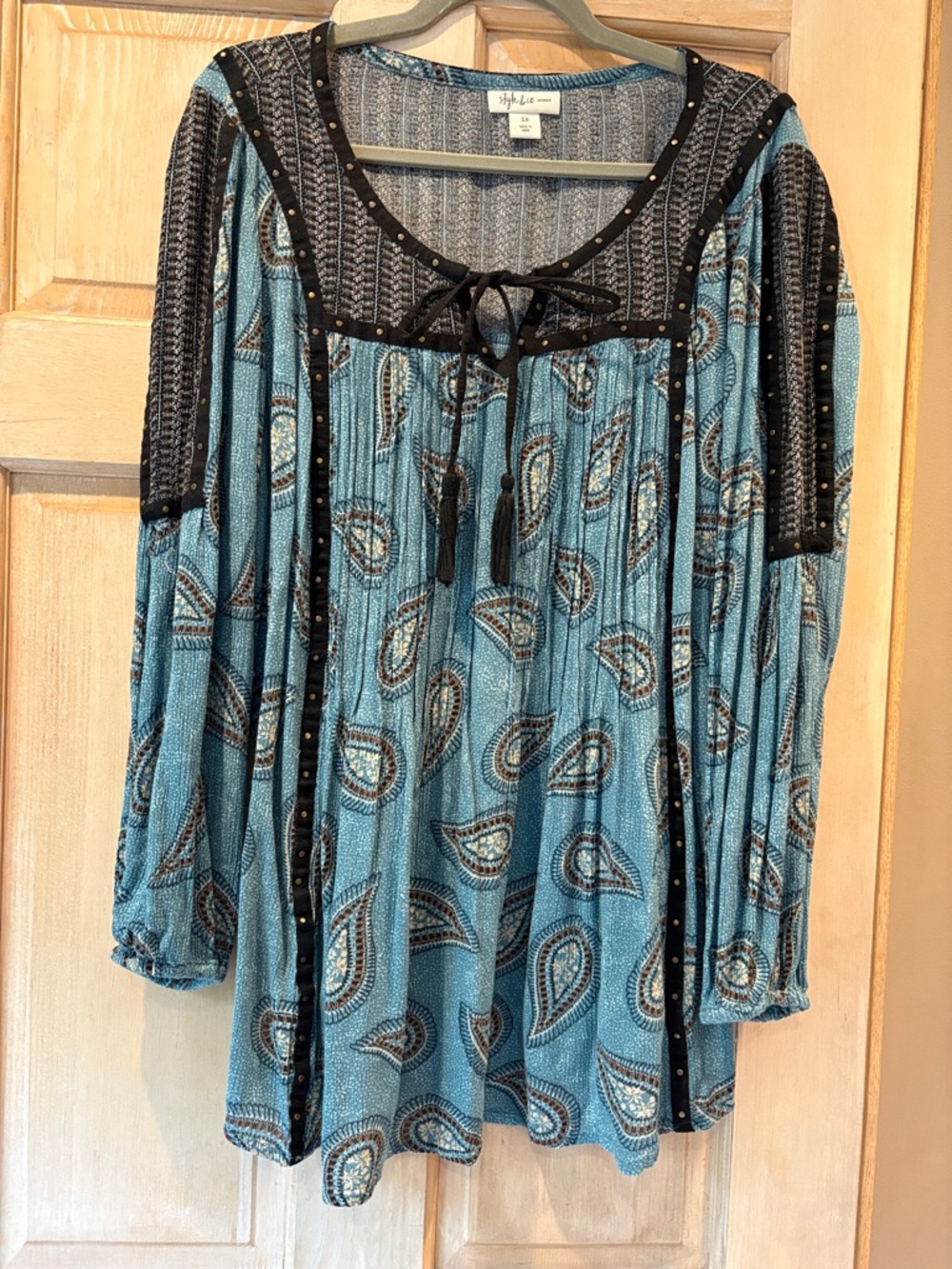 Teal Paisley Boho Top with Tassel Ties and Studs 1X